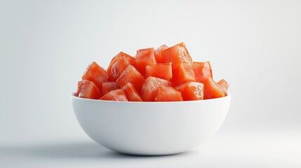 Realistic diced tomatoes in a white porcelain bowl, sharp details, fresh and ripe, a perfect ingredient for salads or Mediterranean dishes