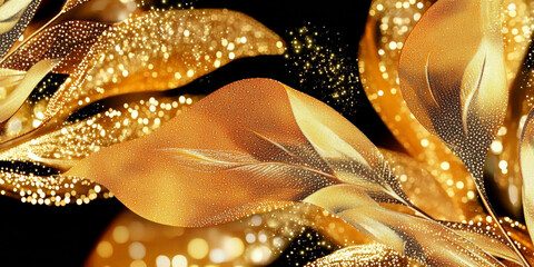 3D flow plant leaves mountain wave illuminated lights orange red golden flower petal texture, abstract curve with glitter glossy black fashion cosmetic banner background with copy space