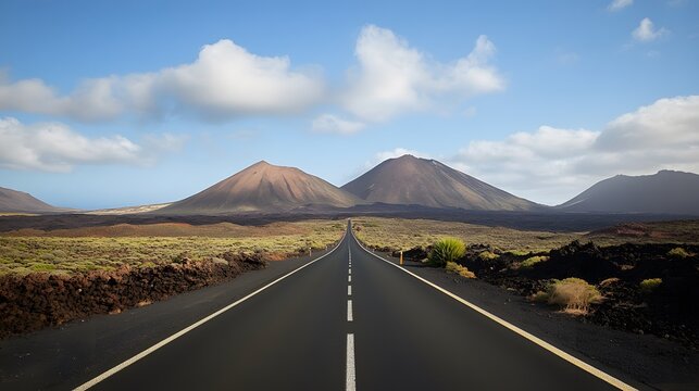 Image related to unexplored road journeys and adventures.Road through the scenic landscape to the destination in Lanzarote natural park. 