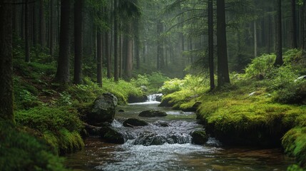 A peaceful landscape with a small river flowing through