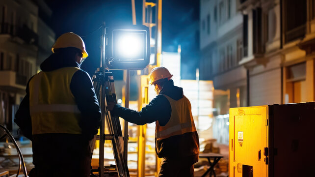 Construction workers setting up temporary lights at night on building site, creating focused and industrious atmosphere