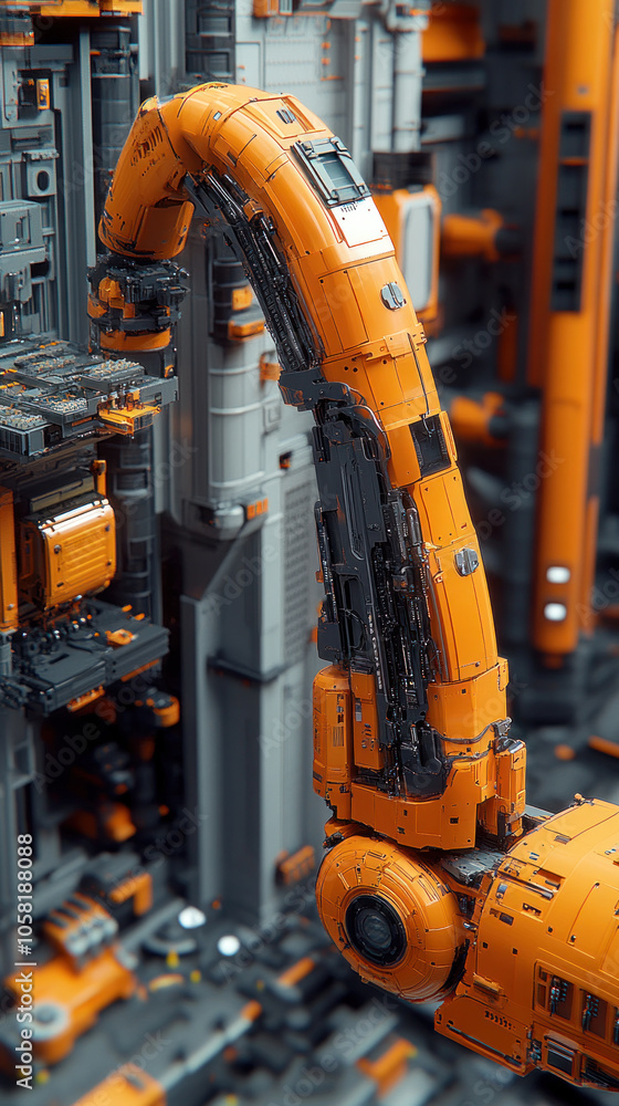 Poster a robot with orange and gray parts is seen in a city. the robot is bent and has a long arm. the robo