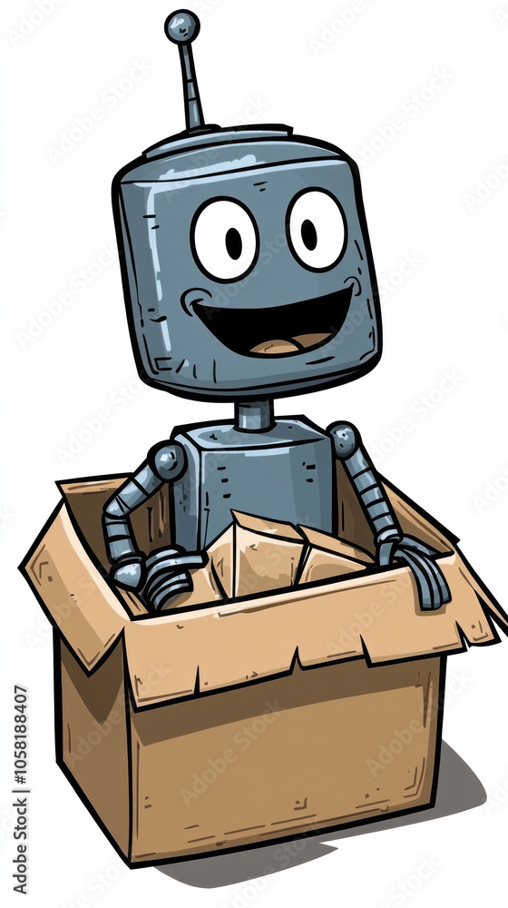 Poster a robot is sitting in a cardboard box with a smile on its face. the robot is happy and he is enjoyin