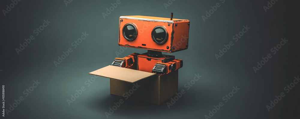 Poster a robot is sitting in a cardboard box. the robot is orange and has a box in front of it