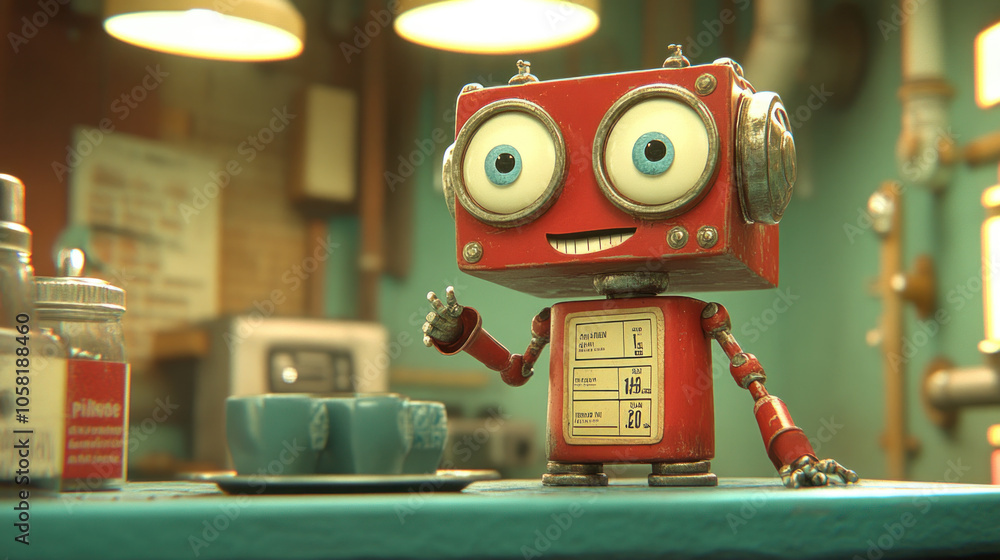 Poster a robot is standing on a table in a cafe. the robot is smiling and holding a cup