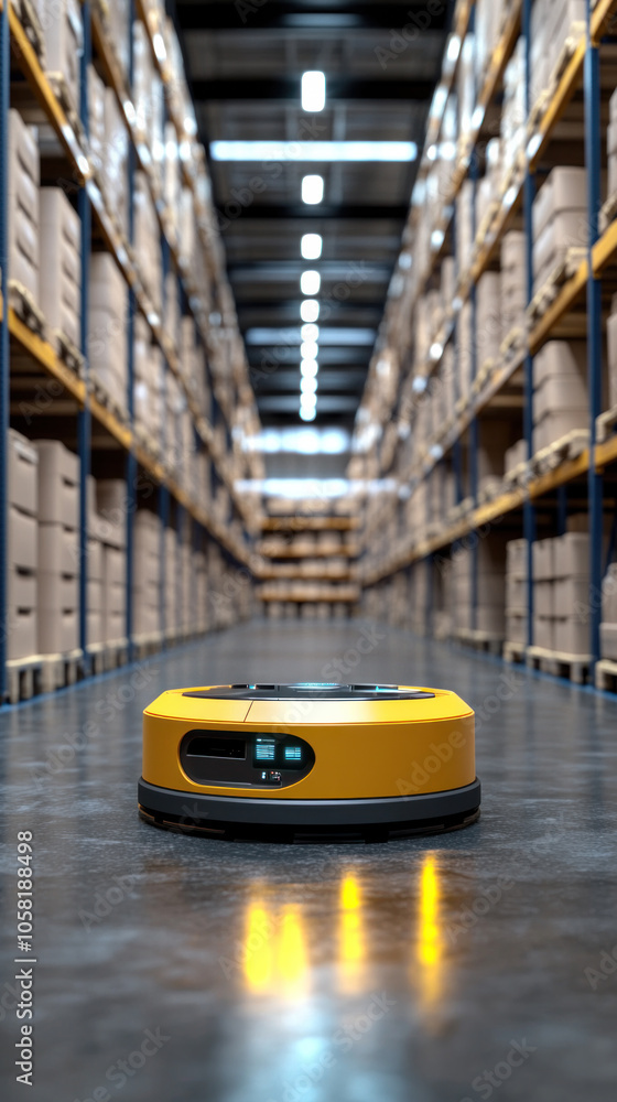 Poster a yellow robot is in a large warehouse. the robot is in the middle of the warehouse and is surrounde