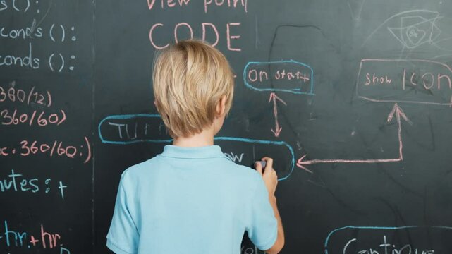 Back view of student writing engineering prompt on blackboard. Handsome clever child or boy planing a project by using coding and programing system in STEM technology classroom. Closeup. Erudition.