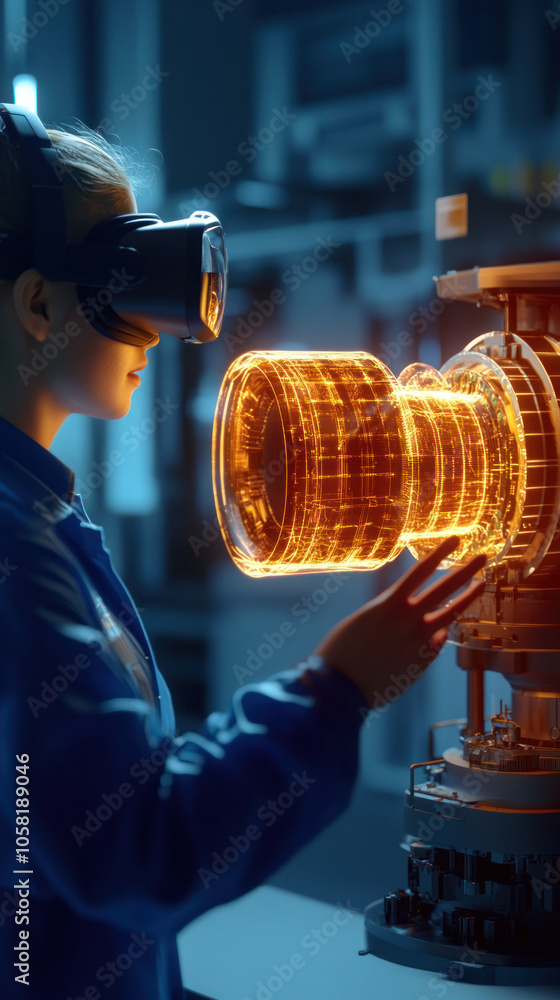 Poster a woman wearing a blue lab coat is touching a glowing object in a virtual reality simulation. concep