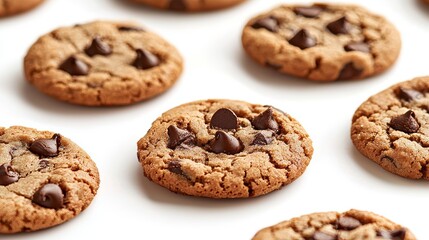 Close-up of perfectly baked chocolate chip cookies with gooey centers, isolated on white background, crisp edges highlighted, ideal for food advertising