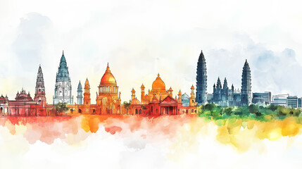 Fototapeta premium Watercolor panorama illustration of iconic landmarks 