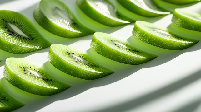 Artistic composition of multiple kiwi slices stacked in a zigzag pattern, vibrant green against a bright white background, with perfect lighting and shadows