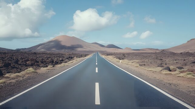 Image related to unexplored road journeys and adventures.Road through the scenic landscape to the destination in Lanzarote natural park. 