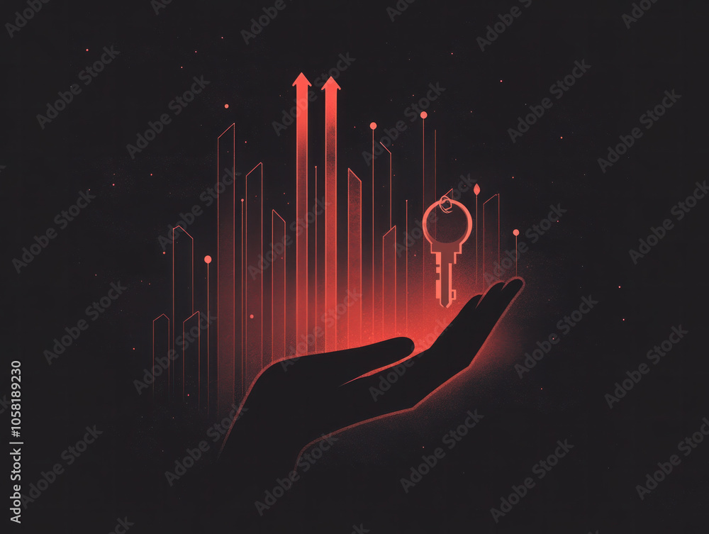 Poster a hand holding a key in a black background with a red background. concept of unlocking something or 