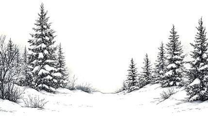 Naklejka premium Christmas card, vintage style, black ink drawing of pine trees forest covered in snow, white background