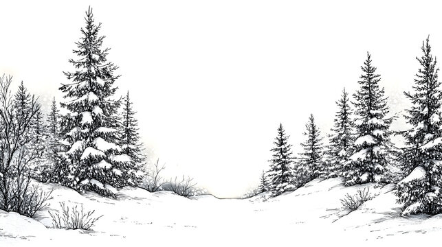 
Christmas card, vintage style, black ink drawing of pine trees forest covered in snow, white background