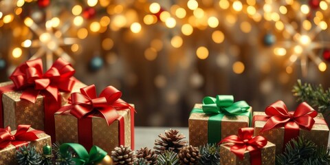 A festive Christmas background featuring beautifully wrapped gifts, twinkling lights, and seasonal decorations, sparkling, bows, presents