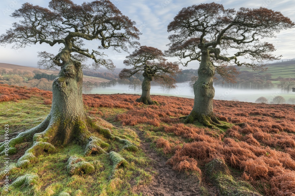 Poster ancient moss covered trees with twisted branches in a winter field creating a mystical storybook set