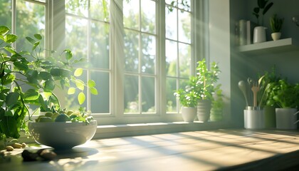A serene kitchen scene featuring sunlight streaming through a window, illuminating various herbs and plants on a wooden countertop.