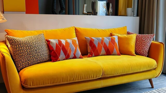 A yellow sofa with decorative pillows sits in a modern living room