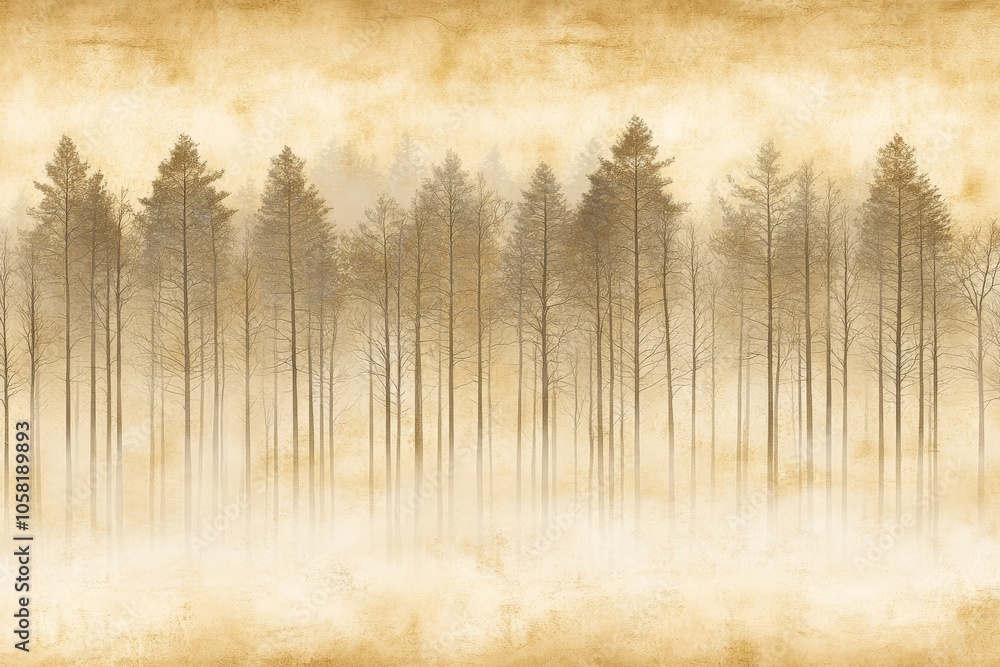 Poster faint golden silhouettes of a forest on a soft gradient background creating a nostalgic vintage insp