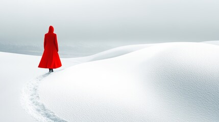 Lone figure in a bright red coat traversing an endless snowy field, creating a bold contrast against the pristine white environment. red coat snow, winter contrast