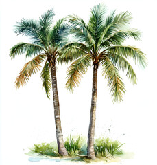 Obraz premium Coconut tree, white background, vintage illustration, flat design style, simple, watercolor, white and green color palette,