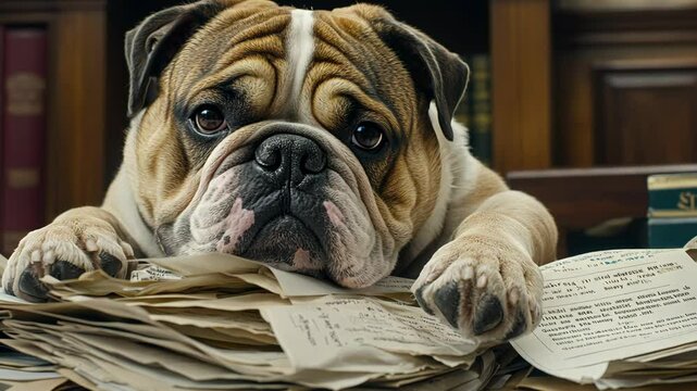 A bulldog rests its head on a stack of papers