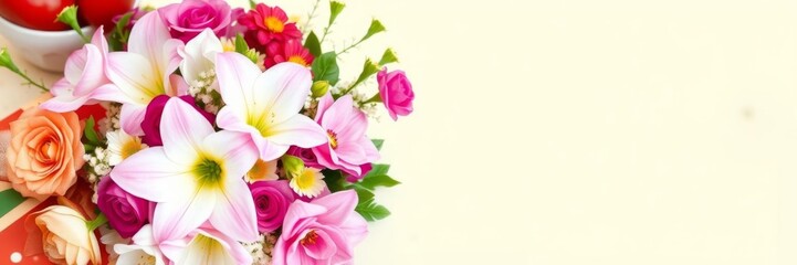 Fototapeta premium A vibrant bouquet of assorted flowers in a sleek gray vase on a neutral background, perfect for Mother's Day or Father's Day gift, blooms, occasion, floral arrangement