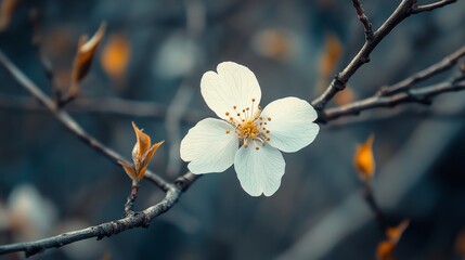 One cherry blossom flower glowing in early spring, surrounded by the bare, dormant branches of nearby trees. single blossom, spring beauty