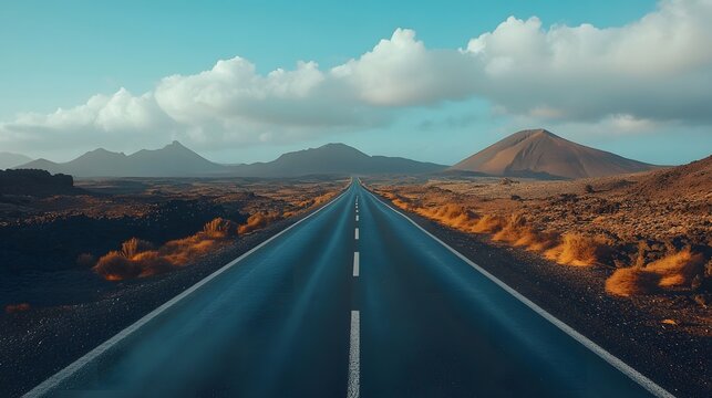 Image related to unexplored road journeys and adventures.Road through the scenic landscape to the destination in Lanzarote natural park. 