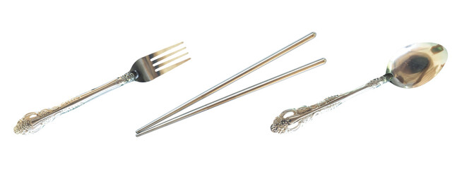 forks, chopsticks and spoons. Tableware set with isolated background