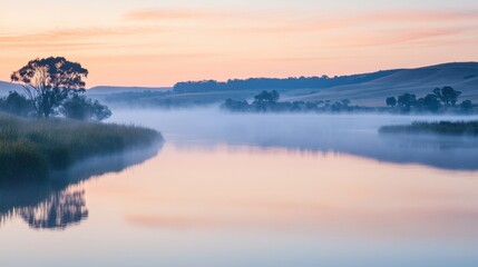 A serene river landscape with mist rising off the water at dawn