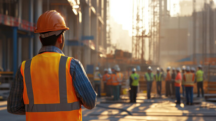 Construction site with safety officer briefing workers about safety protocols. scene captures diligent atmosphere with workers in helmets and vests