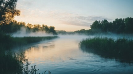 A serene river landscape with mist rising off the water at dawn