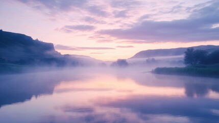 Fototapeta premium A serene river landscape with mist rising off the water at dawn