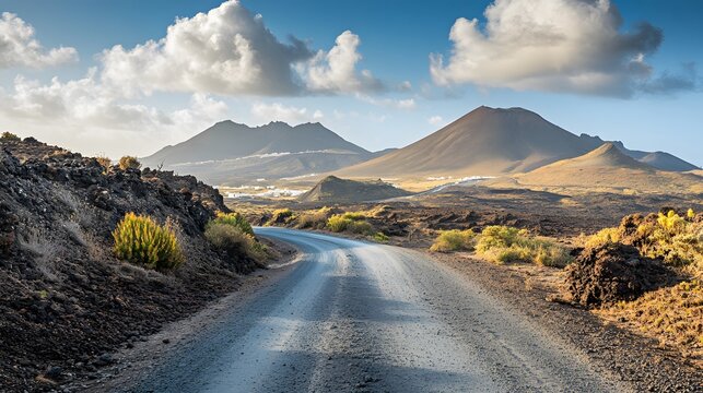 Image related to unexplored road journeys and adventures.Road through the scenic landscape to the destination in Lanzarote natural park. 