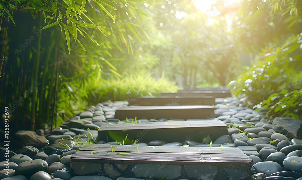 Poster a tranquil pathway of stone steps leads through a lush garden, bathed in soft sunlight, creating a s