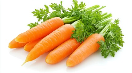 Close-up of fresh carrots with vibrant orange color, isolated on white background, perfect for food advertisements, clean and minimalistic design