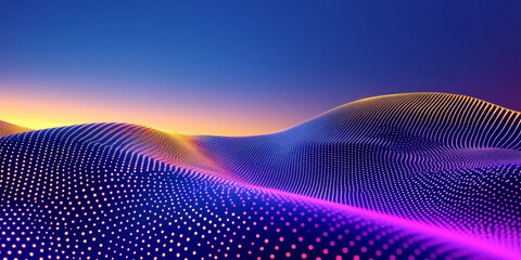 3D abstract curve speed line wave mountain road stripe grid with glitter swirl line and dot flowing, gold purple and orange blue metallic virtual space shimmering web tech gradient background