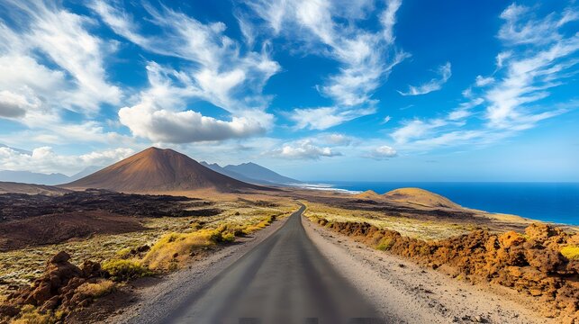 Image related to unexplored road journeys and adventures.Road through the scenic landscape to the destination in Lanzarote natural park. 