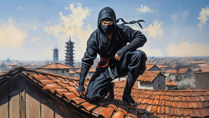 A ninja in black on the roof