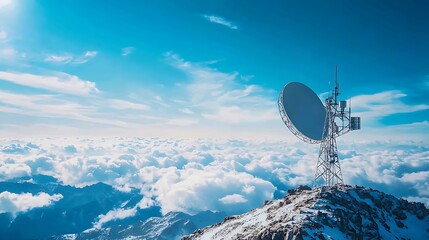 A satellite dish on a snowy mountain peak, surrounded by clouds and a clear blue sky.