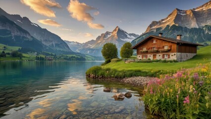 Stunning Swiss Alps Sunrise - Snow-Capped Mountains and Tranquil Lake Landscape