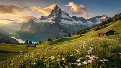 Stunning Swiss Alps Sunrise - Snow-Capped Mountains and Tranquil Lake Landscape