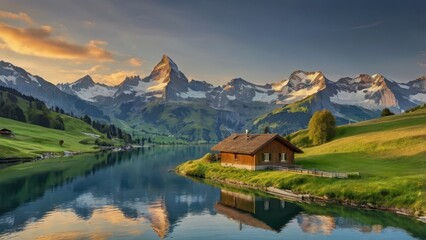 Stunning Swiss Alps Sunrise - Snow-Capped Mountains and Tranquil Lake Landscape