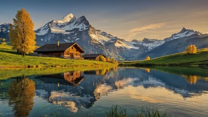 Stunning Swiss Alps Sunrise - Snow-Capped Mountains and Tranquil Lake Landscape