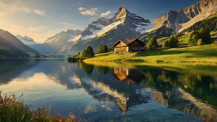 Stunning Swiss Alps Sunrise - Snow-Capped Mountains and Tranquil Lake Landscape