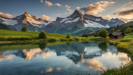 Stunning Swiss Alps Sunrise - Snow-Capped Mountains and Tranquil Lake Landscape