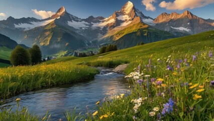 Stunning Swiss Alps Sunrise - Snow-Capped Mountains and Tranquil Lake Landscape