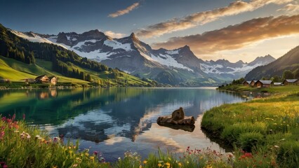 Stunning Swiss Alps Sunrise - Snow-Capped Mountains and Tranquil Lake Landscape